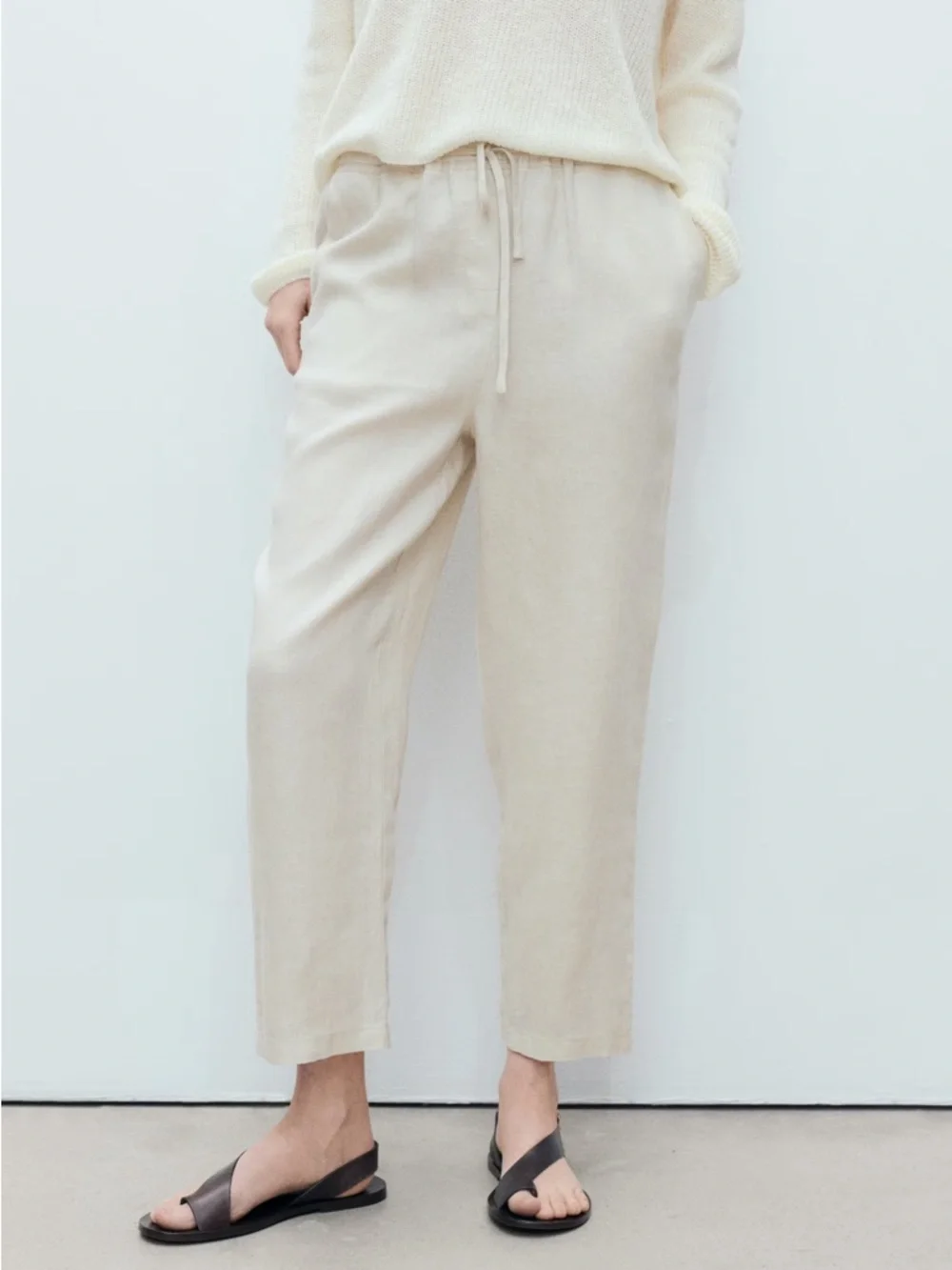 MANGO Linen Straight Leg Drawstring Elastic Waist Beach Quiet Luxury Pants \\ S